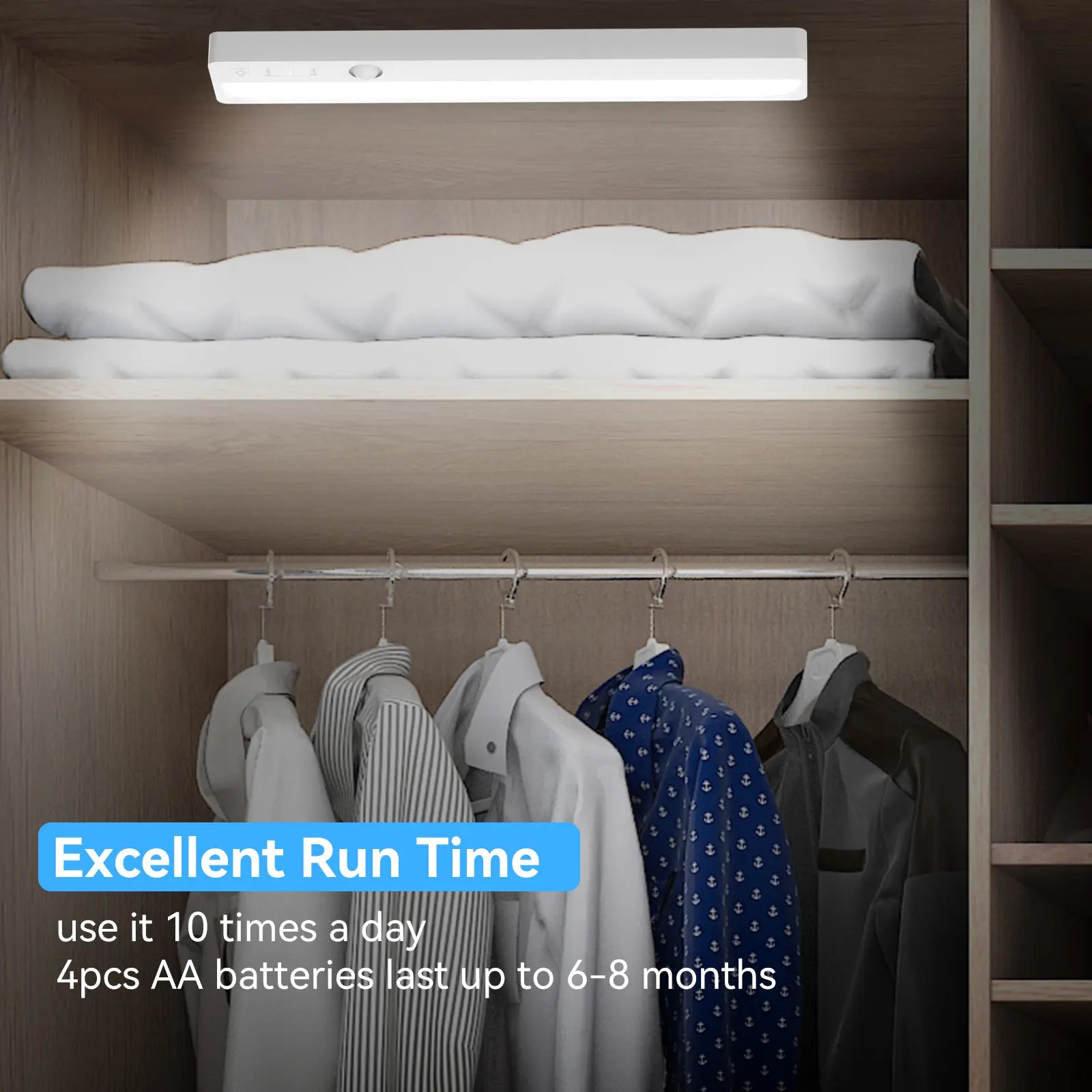 2 Pack LED Closet Light,Under Cabinet Lighting Battery Powered Input Wireless Motion Sensing Light, Auto on off Switch, Motion Sensor & Light Sensor, Light Beam Adjustable