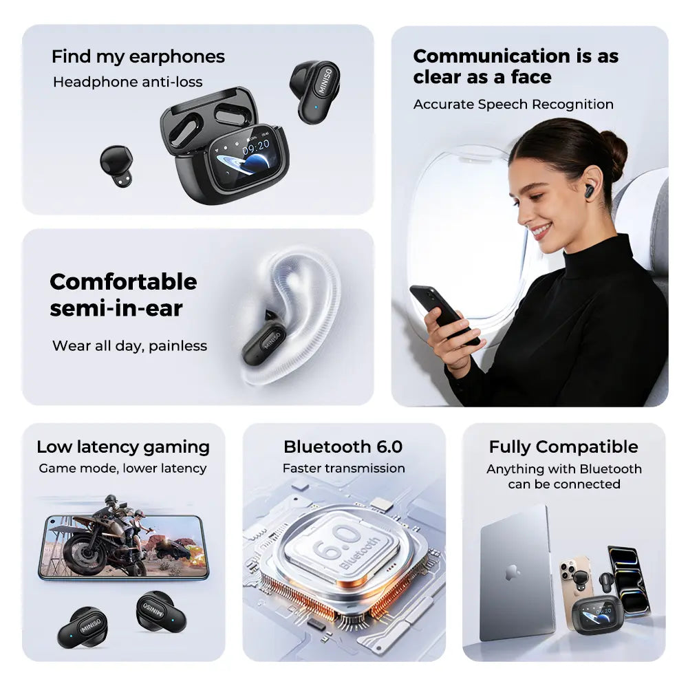 MINISO MS126 Bluetooth 6.0 Earphones,Led Display High Fidelity Waterproof Wireless Earphones, Suitable for Office, Sports, Study and Audio Calls ,Built-In Microphone , Earphones