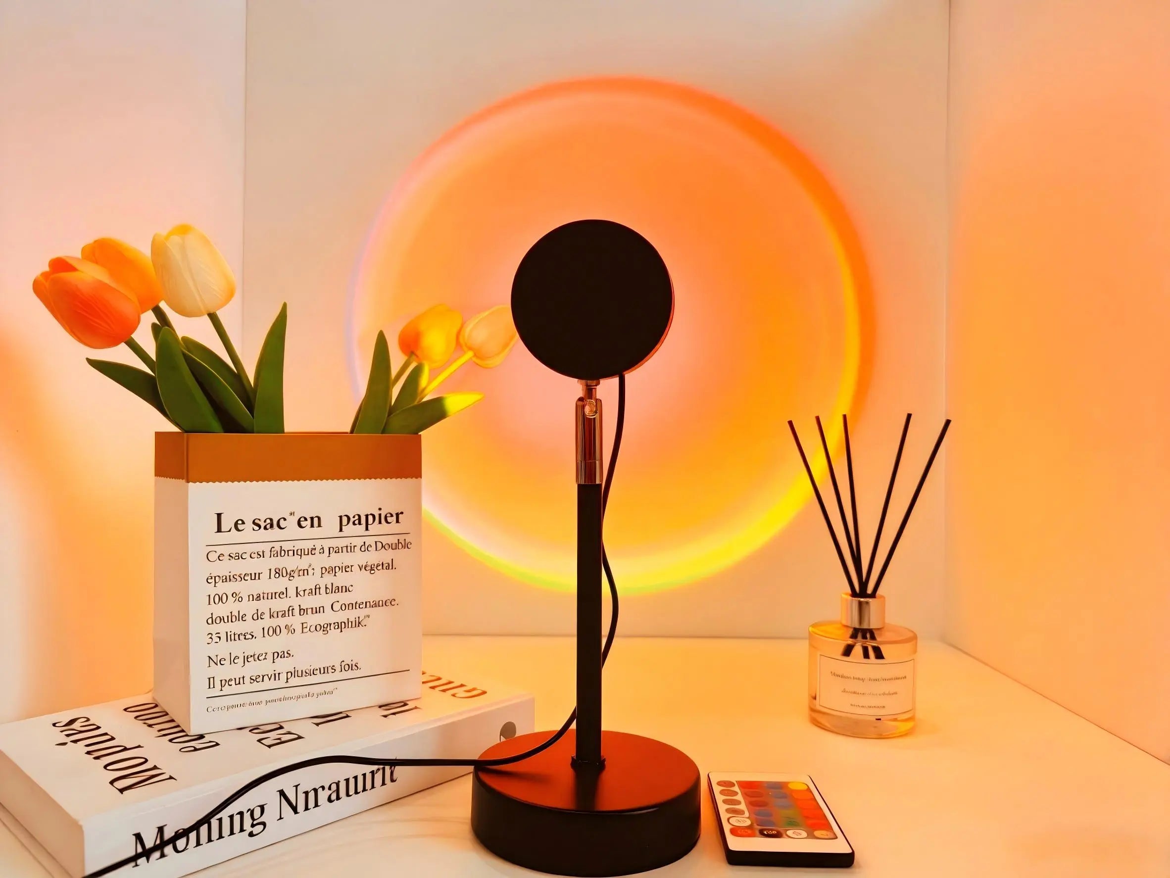 Sunset Lamp Brightness Upgrade Edition: Ultra-Bright Light Source with 180° Adjustable Angle. Features Multiple Vibrant Colors and Remote Control Functionality. Ideal as a Romantic Gift for Couples, Perfect for Bedrooms, Livestreaming, Parties, and Decor.
